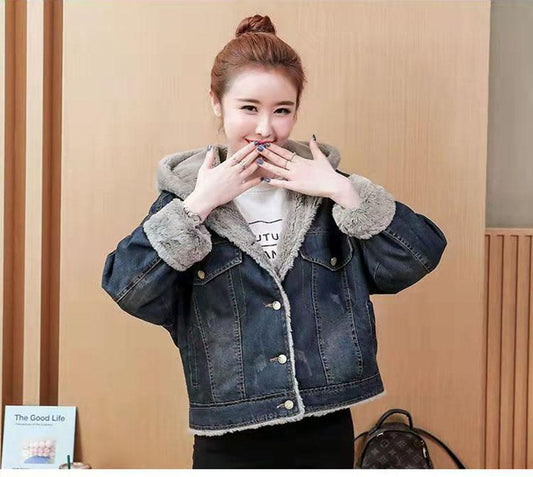 Winter Short Thickened Windproof Cold and Warm Loose Hooded Denim Imitation Lamb Wool Ladies Coat Jacket