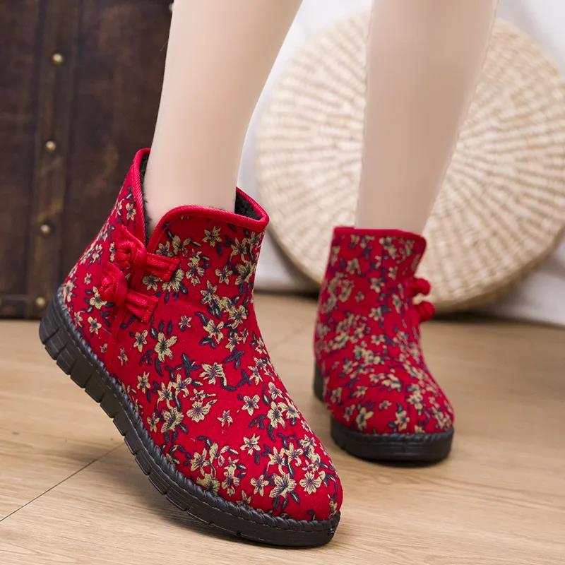 Winter Women  Cotton Shoes Plus Velvet Warm Non-slip Wear-resistant Ethnic Snow Boots Traditional Cotton Boots