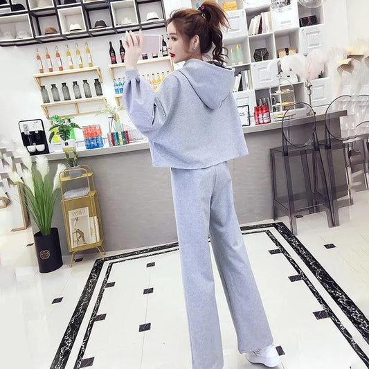 Hooded Long-sleeved Loose Warm Hoodie + Wide-leg Trousers Casual Two-piece Women's Thin Suit Is Simple Lightweight and Comfortable