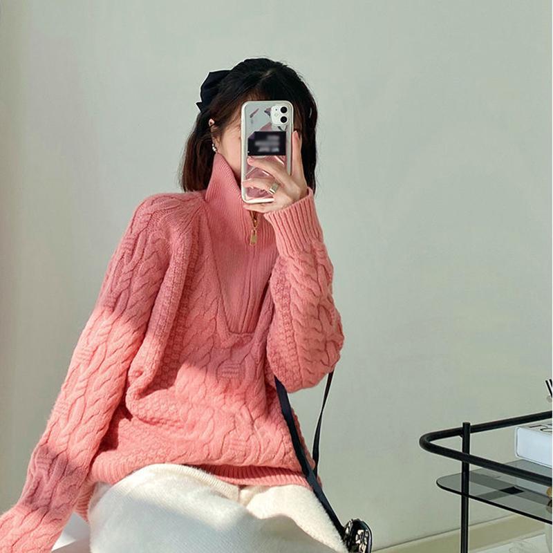 Retro Twist Zipper High Neck Pullover Sweater Women Loose Long-sleeved Lapel Cropped Top Autumn Winter