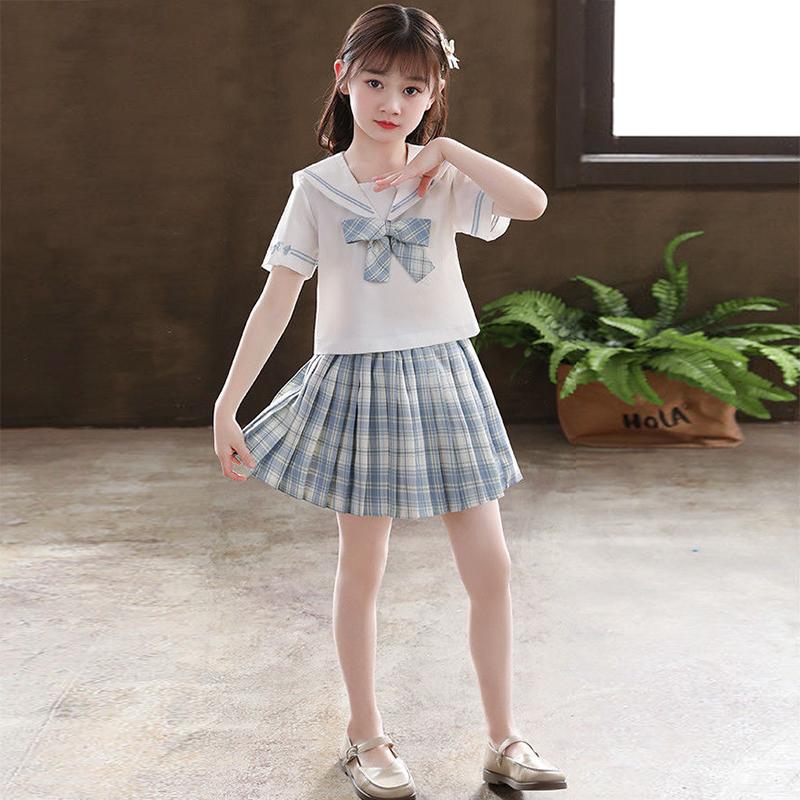 Girls Plaid Skirt School Uniform Pleated JK Skirt Girls Japanese Summer Harajuku College Style High Waist Pleated A-line Skirt Set