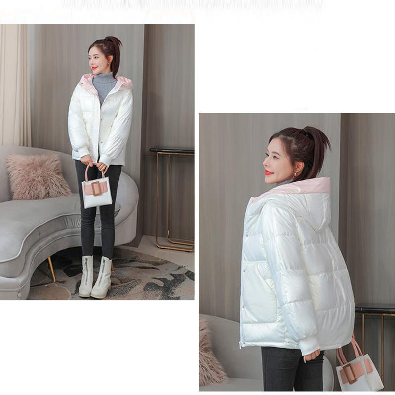 Women's Bright Short Down Jacket Winter Korean Loose Quilted Jacket Casual Stand-up Collar Hooded Down Jacket Quilted Jacket