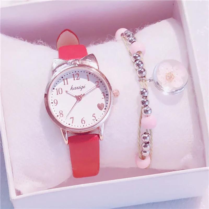 Cute Girl Watch with Gift Box Student Simple College Style Watch  Transfer Beads Bracele Birthday Gift Waterproof Quartz Watch