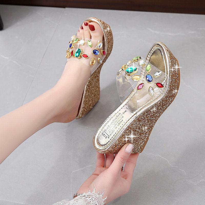 Slippers Women's Wedge Heel High-heeled Sandals  Slippers Women's Summer Super High-heeled Rhinestone Sequins Transparent Platform Slippers