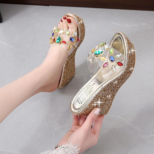 Slippers Women's Wedge Heel High-heeled Sandals  Slippers Women's Summer Super High-heeled Rhinestone Sequins Transparent Platform Slippers