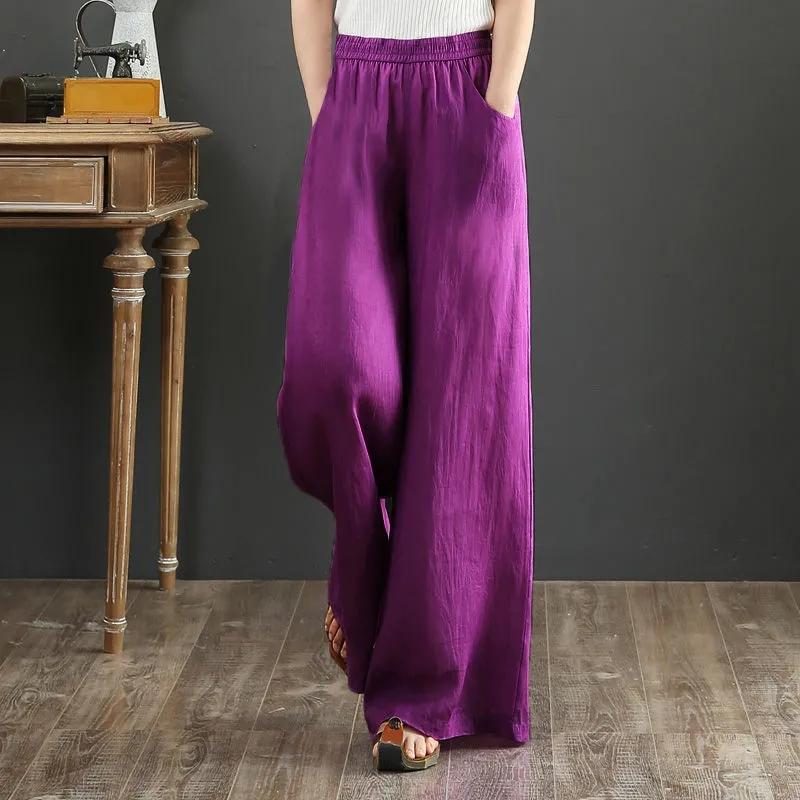 Retro Literary Loose Cotton and Linen Trousers Women's Large Size Elastic Waist Wide Leg Pants Large Trouser Legs Skirt Pants