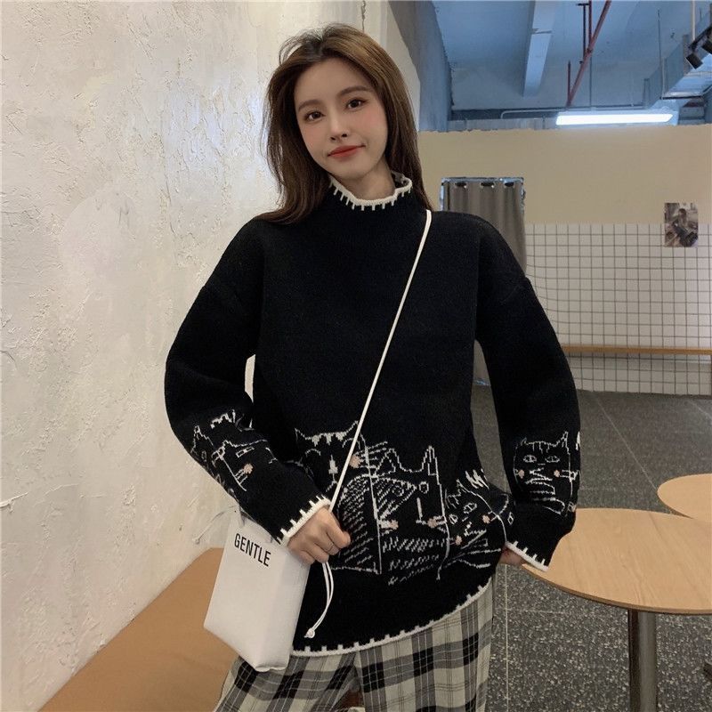 Gentle Knitted Sweater Top Autumn and Winter Korean Version Stand Collar Loose Outer Wear Sweater Women's Clothing