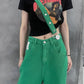 Personality Hip Hop Spring Qiu Pants High Waist Wide Leg Pants Straight Green Jeans Women's Shoulder Green Strap Trousers Female