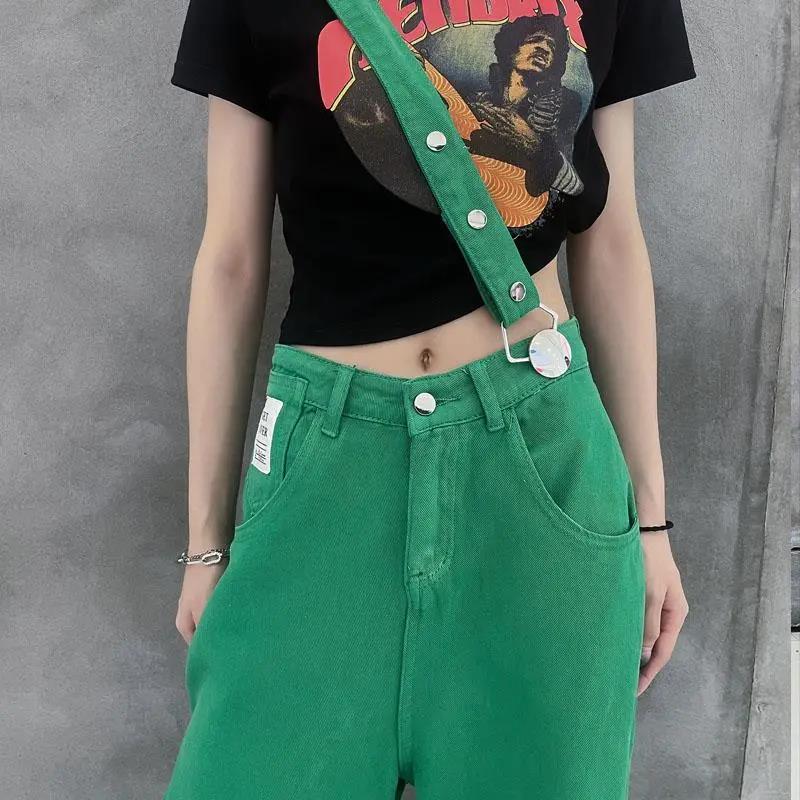 Personality Hip Hop Spring Qiu Pants High Waist Wide Leg Pants Straight Green Jeans Women's Shoulder Green Strap Trousers Female
