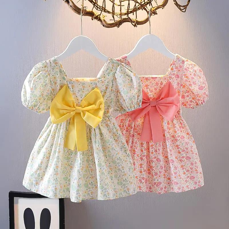 Girls Summer Dress Children's Skirt Sweet Princess Dress Bow A-line Short Sleeve Dress Fabric Lightweight Breathable