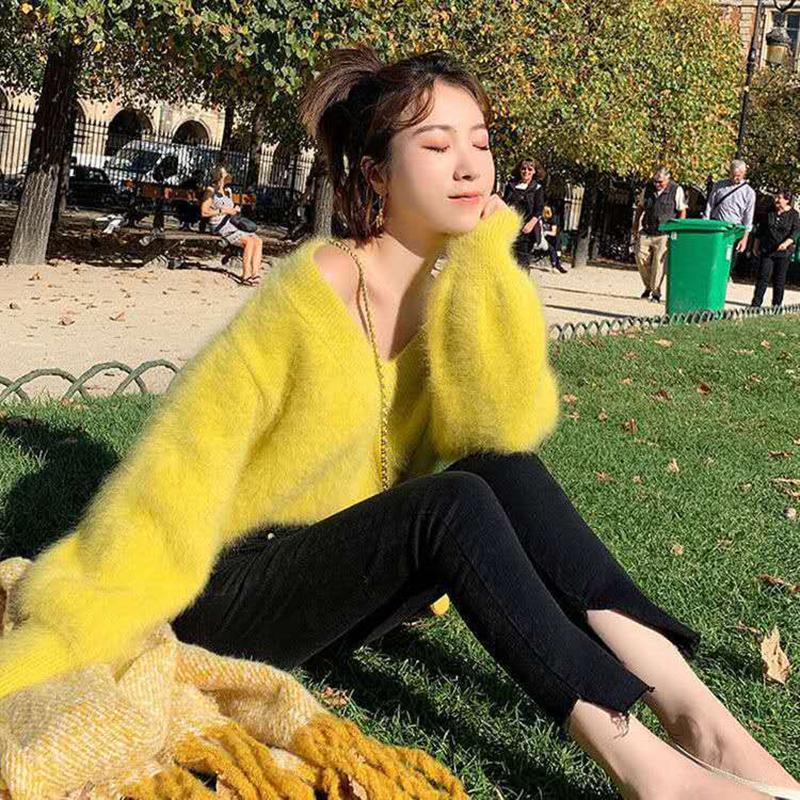 Autumn  Winter Mink Velvet Sweater Women Casual Loose One-word Neck Strapless Long-sleeved V-neck Outer Wear Sweater