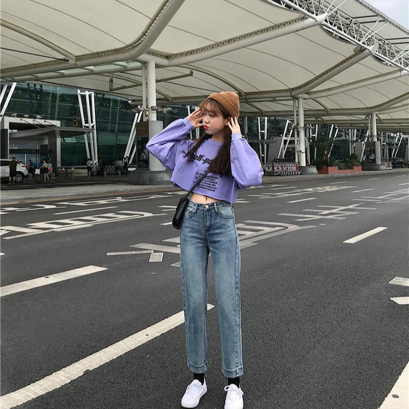 WTEMPO Women's Retro Jeans Student High Waist Was Thin and Loose Wide Leg Straight Cropped Pants