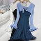 Sweet Wood Ear Knitted Skirt Autumn Stitching Contrast Color Exposed Clavicle Dress