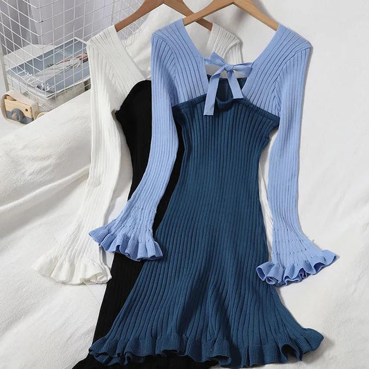 Sweet Wood Ear Knitted Skirt Autumn Stitching Contrast Color Exposed Clavicle Dress