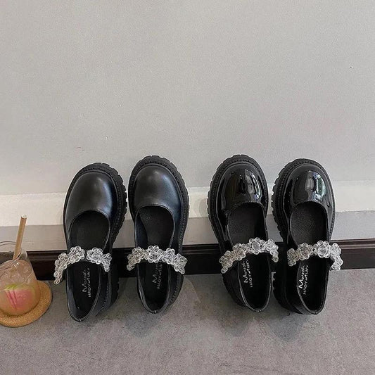 Leather Shoes Women British Style Japanese Black Ice Flower Crystal Thick Bottom Mary Jane Shoes Doll Single Shoes Women's Loafers