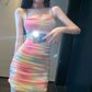 Women Summer Sexy Sleeveless Slip Bodycon Dress Female Rainbow Color Gradient Wrap Party Beach Club Mini Dresses Outfits
