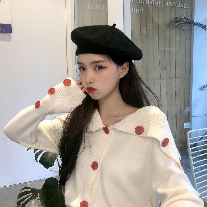 Pofulove Winter College Wind Irregular Strapless Navy Collar Loose Long Sleeve Knit Sweater