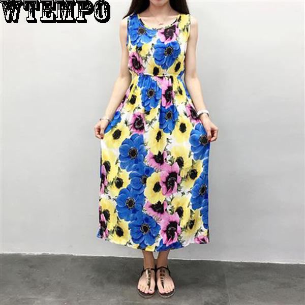 WTEMPO Beach Holiday Dress Sleeveless Long Skirt Female Summer Bohemian Printed Beach Dress Floral