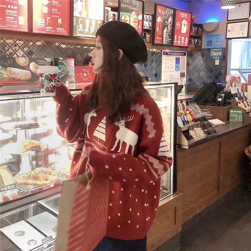 Pofulove Autumn Winter Students Hedging Loose Thicken Outer Wear Christmas Knitted Sweater Women