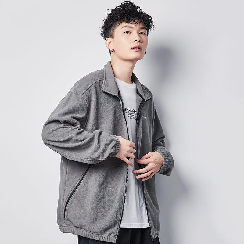 Polar Fleece Jacket Men's Lapel Versatile Cardigan Fleece Sweater Men's Warm Short Long Sleeve Zipper Jacket Comfortable and Breathable