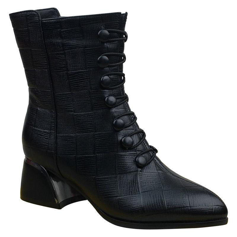 Autumn  Winter Boots Ladies Embossed Double-breasted Martin Boots Pointed Toe  Leather Ankle Boots for Women