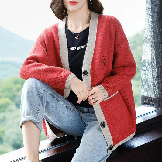 Knitted Cardigan Ladies Spring and Autumn Embroidered Pocket Loose V-Neck Thickened Plus Size Sweater Jacket