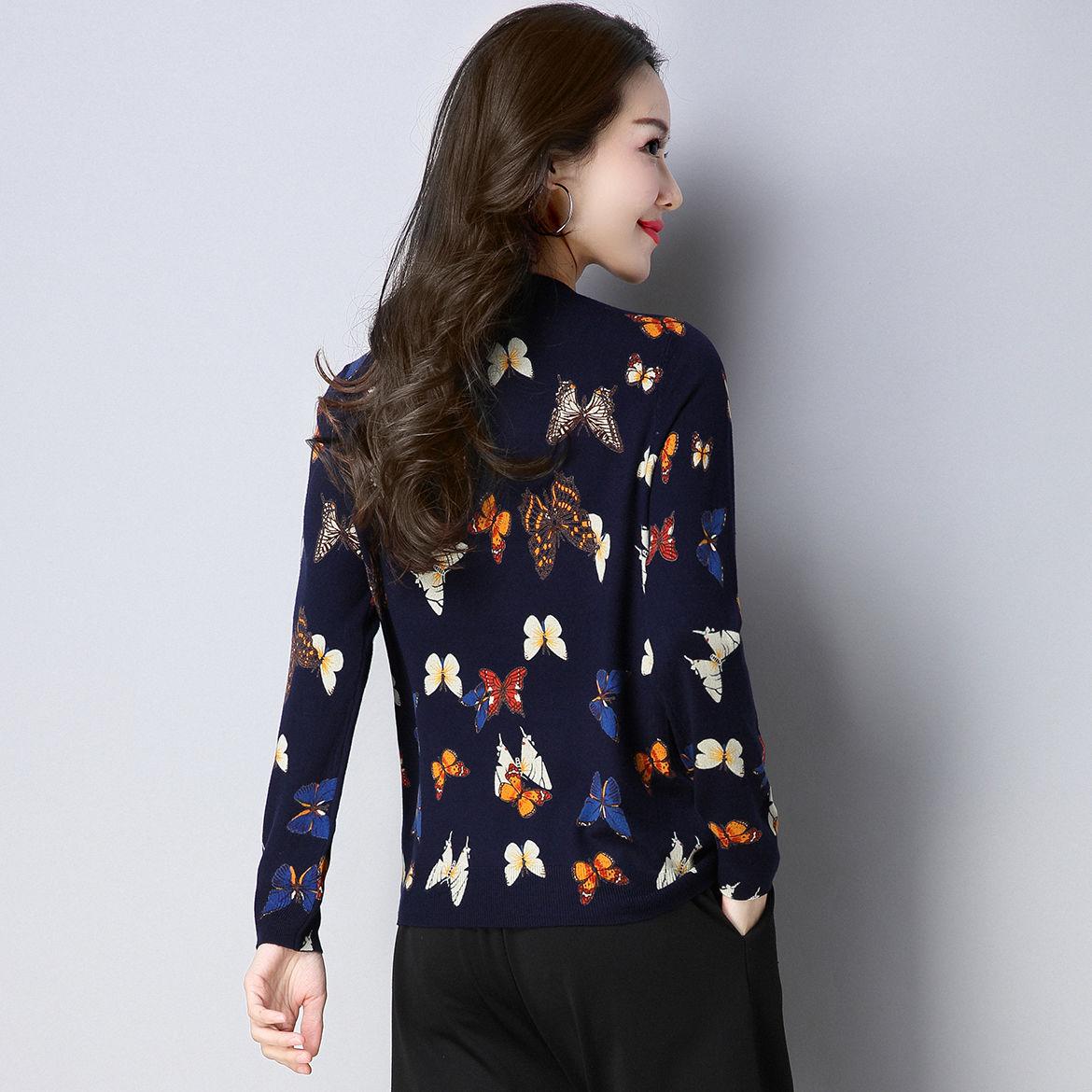 Plus Size Spring, Autumn and Winter Butterfly Print Sweater Cashmere Knit Bottoming Sweater Vintage Slim Warm Woolen Sweater Jumper Outwear