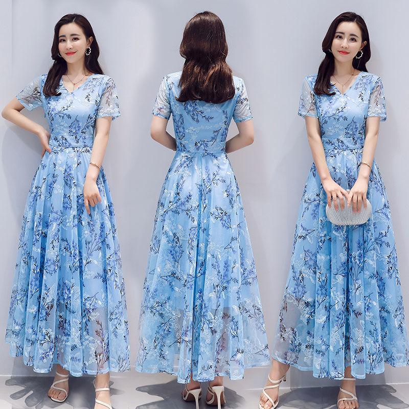 Embroidered Net Yarn Printed Chiffon Dress Summer Long Waist Short-sleeved Beach Skirt Long Skirt Temperament Elegant Long Skirt Women