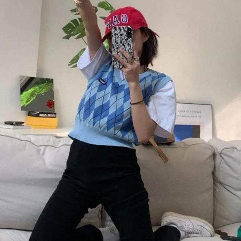 Short British Style Blue Knit Sweater Vest Vest Women Loose All-match Sleeveless Top Women's Thin Sweater College Style Casual Style