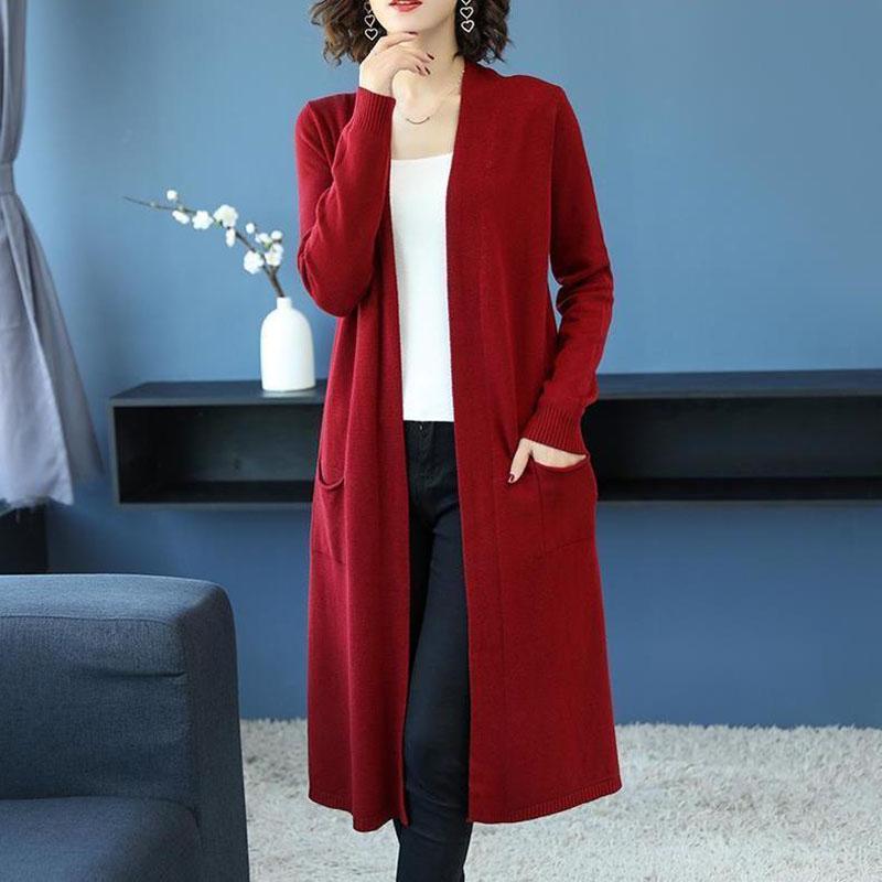 Spring and Autumn Long Knitted Jacket Loose Over The Knee All-match Jacket Fashion Solid Color Female Top