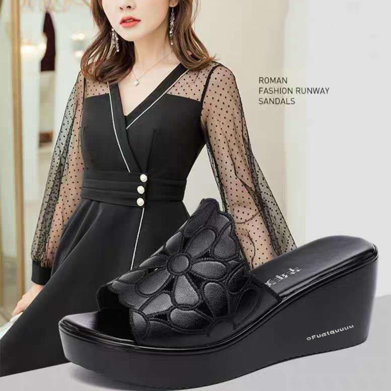 Wedge Heel Slippers Women's Sponge Cake Thick Bottom Fish Mouth Flip Flops Soft Bottom Black Hollowed Out Sandals and Slippers