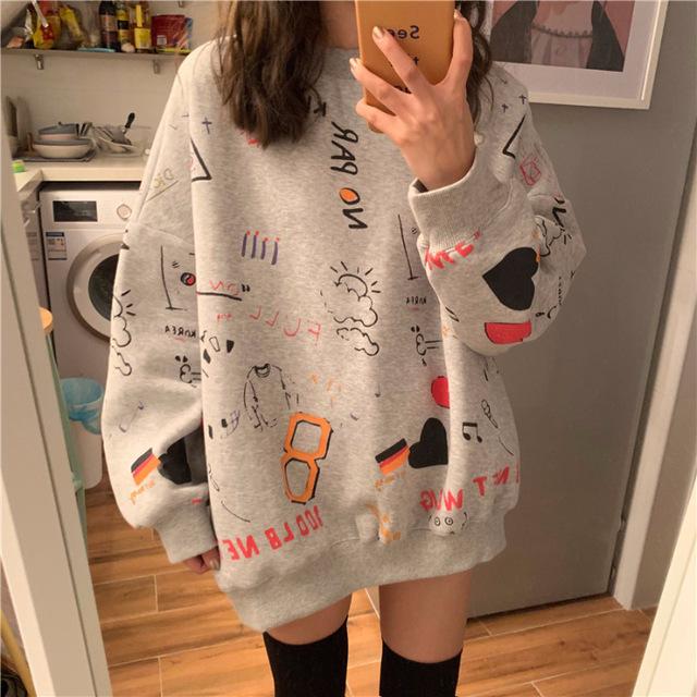Autumn and Winter Korean Version of Loose Long-sleeved Graffiti Printing Retro Pullover Sweater Women's Casual All-match Jacket