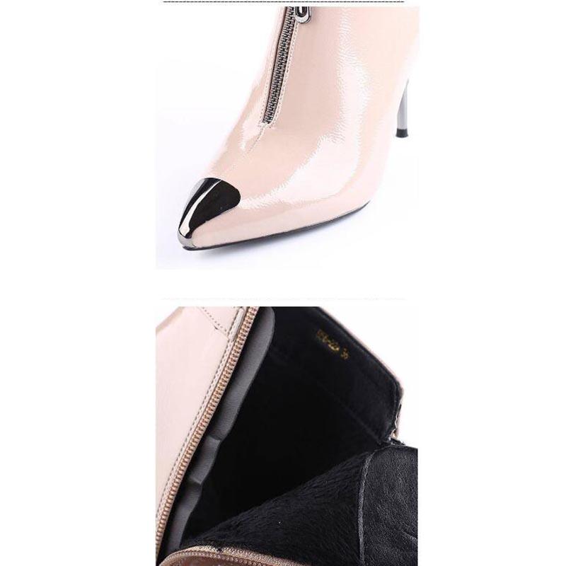 Women's Pointed High-heeled Martin Boots Zipper  Leather Bright