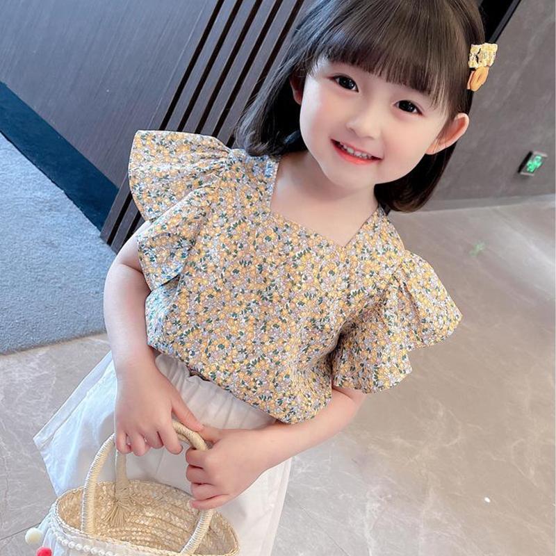 2PCS Children Clothing Set Summer Girls Girls' Floral Suit Thin Flying Sleeve T-shirt Shorts Korean Two Piece Set
