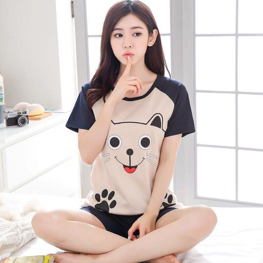 2Pcs/Set Cartoon Animal Women Sleepwear Short Sleeve Top Shorts Pajamas