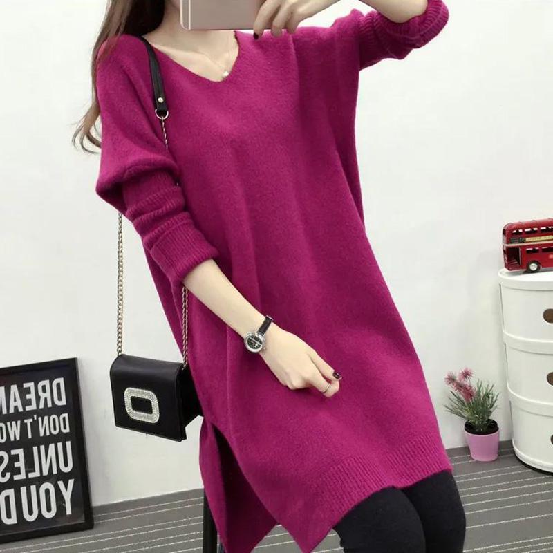 Oversized Women's Loose Bottoming Shirt Autumn and Winter V-neck Mid-length Knit Sweater Pullover Casual Coat