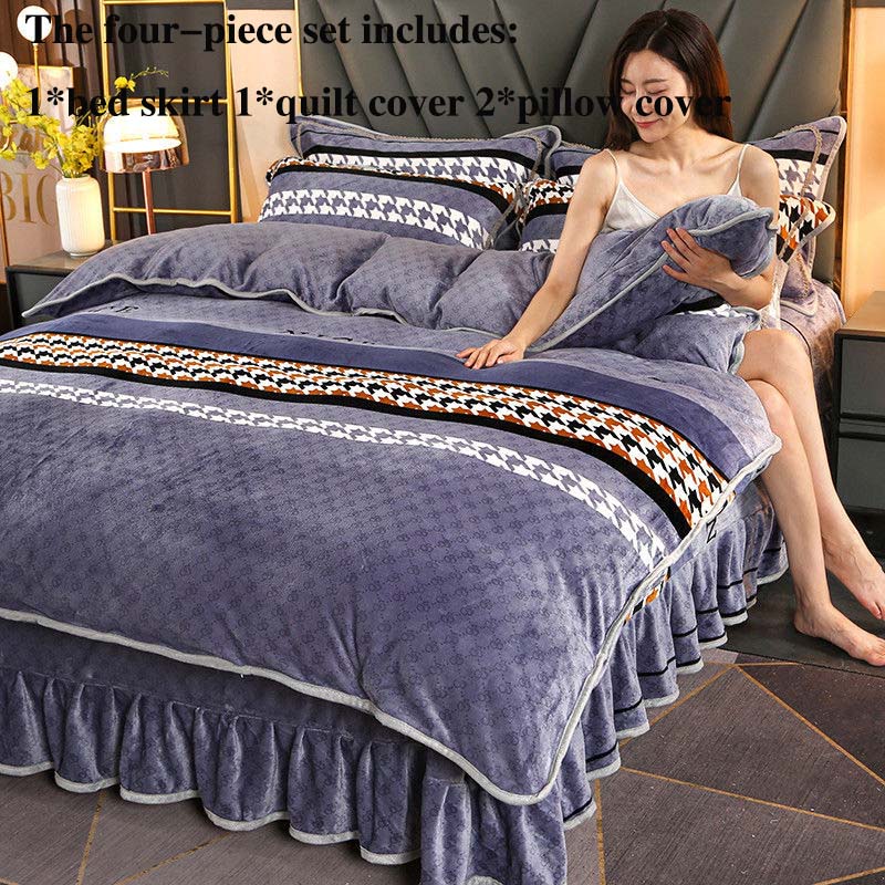 Winter Thick Milk Velvet Four-piece Bed Skirt Plus Velvet Warmth Double-sided Velvet Duvet Cover Bedding Set