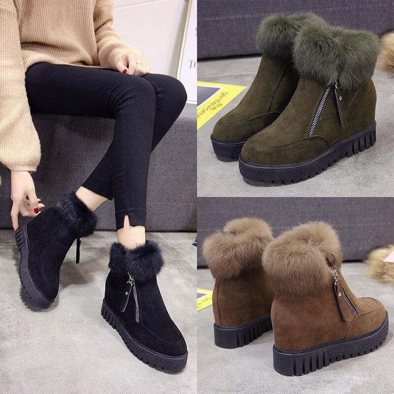Winter Boots Wedge Heels Shoes Women Platform Chunky Boots Fur Warm Ankle Booties Suede Snow Shoes Black Green Plus Size