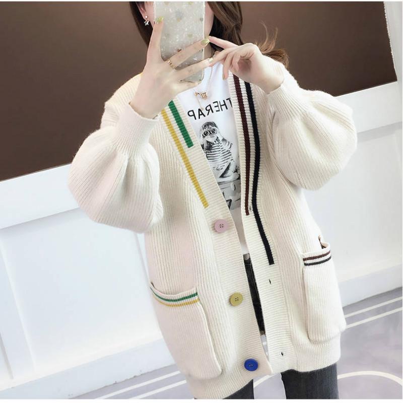 Autumn and Winter Cardigan Sweater Women's Knitted Jacket Lantern Sleeves Loose Sweater
