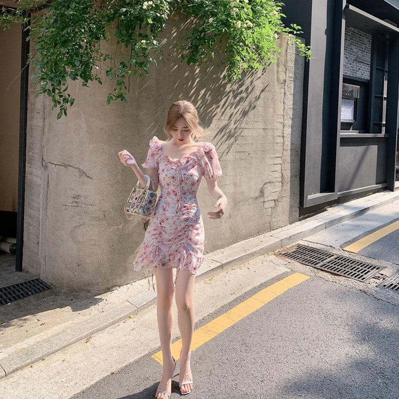 Women's Summer Ruffle Elegant Waist Slim Drawstring Printed Chiffon Short Floral Dress