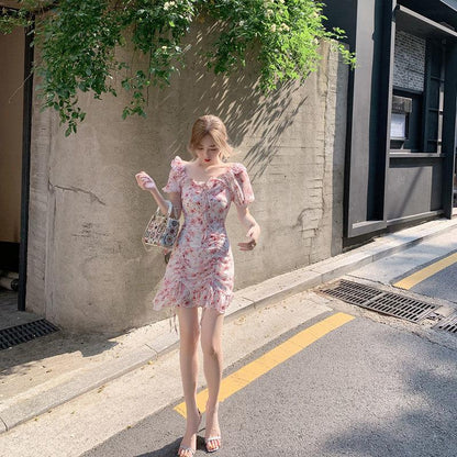Women's Summer Ruffle Elegant Waist Slim Drawstring Printed Chiffon Short Floral Dress