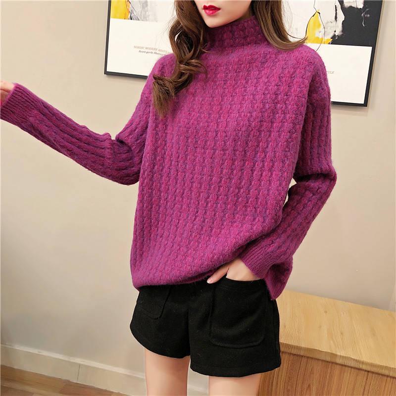 Pofulove Alpaca Half-high Collar Pullover Sweater Women Loose Fall Winter Bottoming Thick Shirt