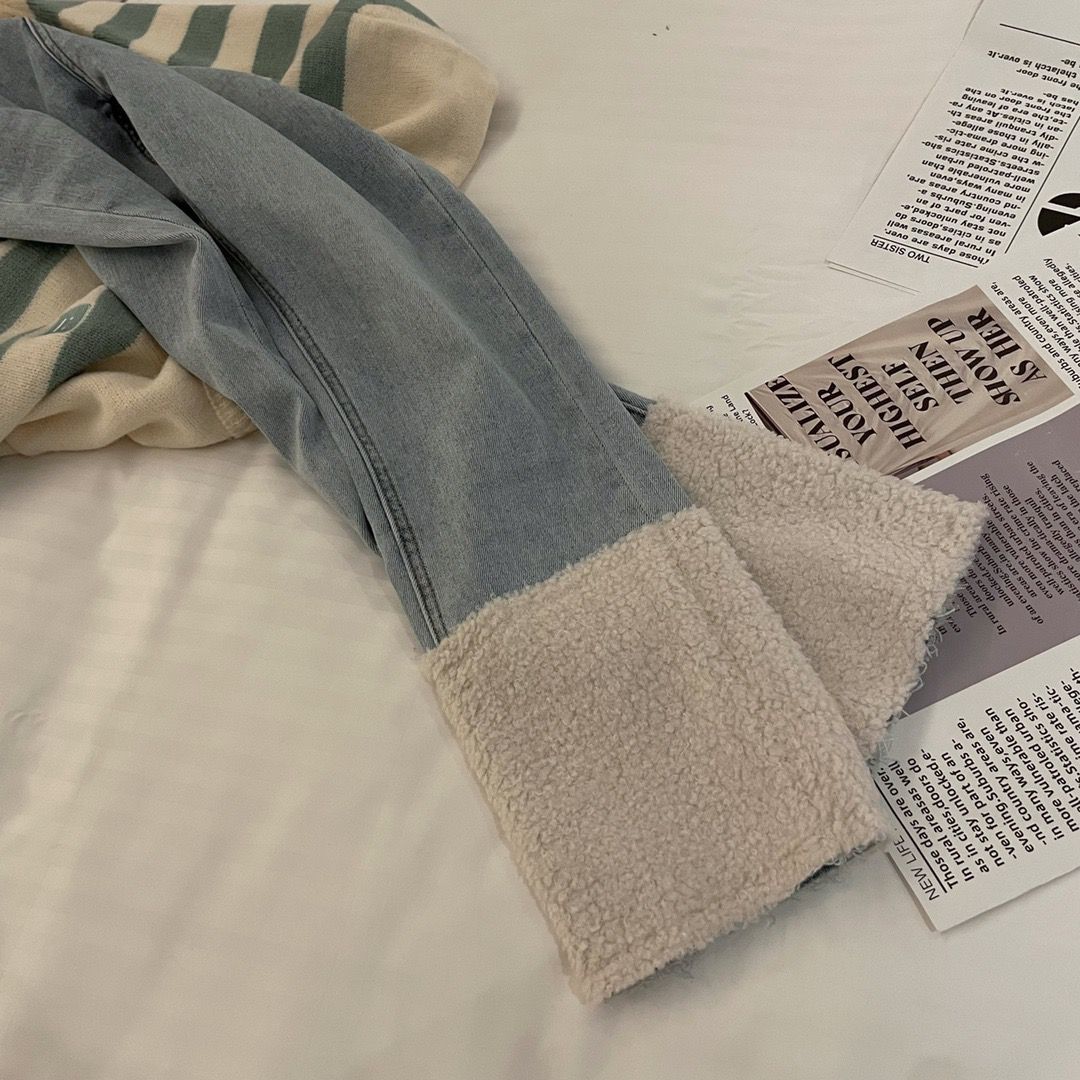 Plus Velvet Thickened Jeans Female Autumn and Winter Models Fashion High Waist Display Slim Pants Flap Stitching Nine Points Straight Pants