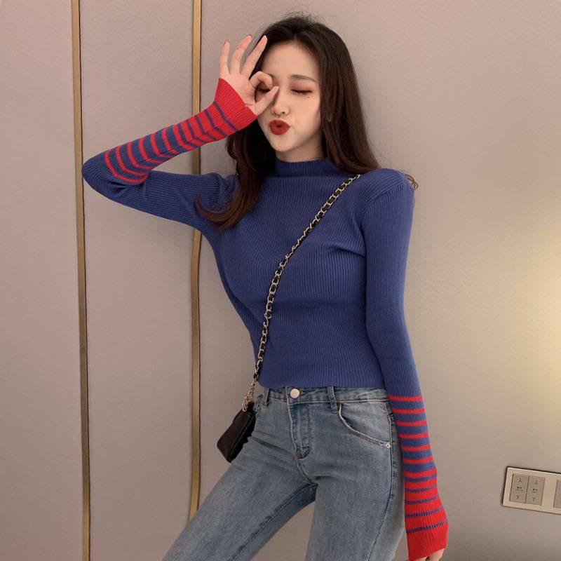 Pofulove  Women's Retro Wild Style Slim Bottoming Sweater Long Sleeve Net Red Color Matching Sweater