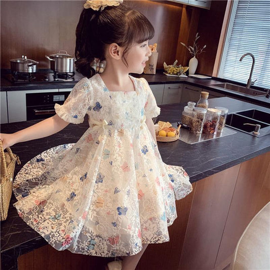 Girls Princess Dress Birthday Party Evening Dress Children Korean Style Foreign Butterfly Lace Dress Girl Puff Sleeve Dress