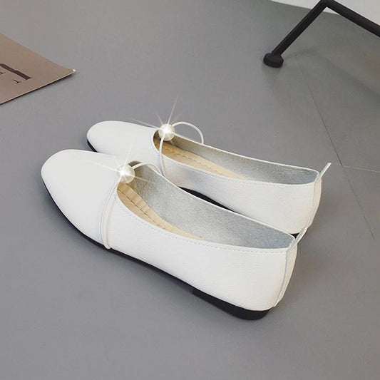 Women's Shoes Single Shoes Flat Shoes Women's Pearl Shoes Square Toe Shallow Mouth Flat Heel Shoes Soft Leather Slip-on Shoes