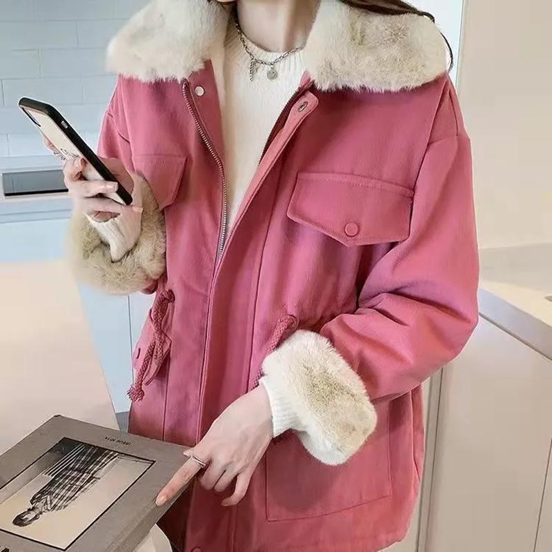 Women's Winter Plus Velvet Thickened Mid-length Cotton Coat Loose Drawstring Korean Style Cotton Coat Jacket Tooling Pie To Overcome Jacket Casual Top