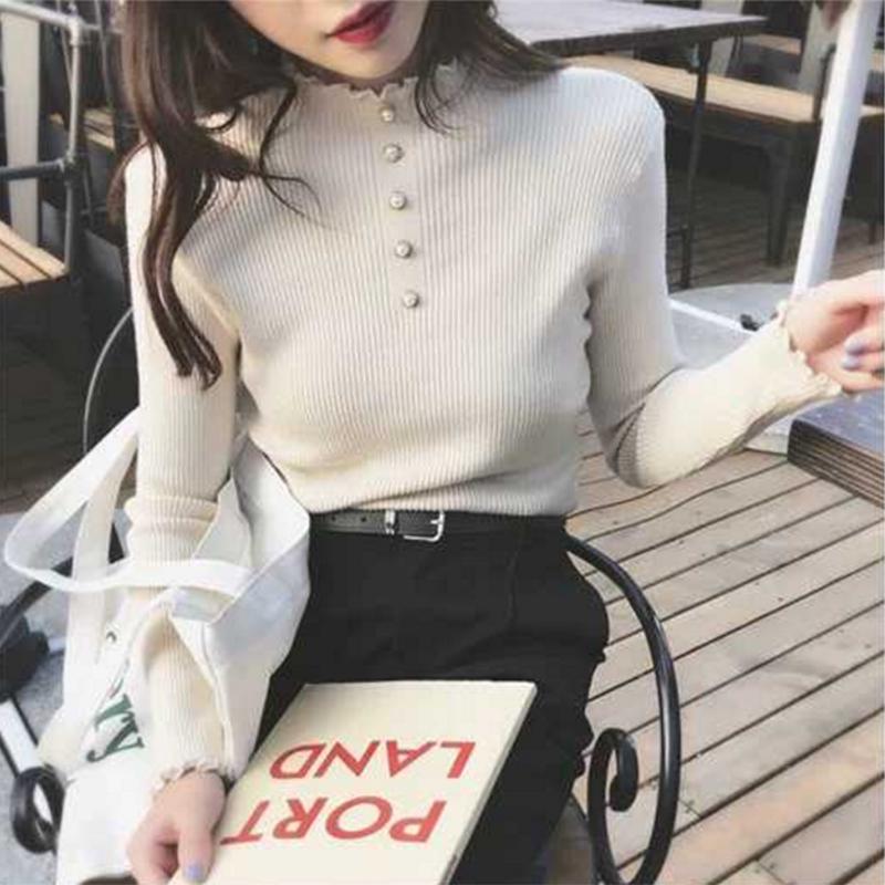 Pofulove Fungus Half Turtleneck Sweater Women's Beaded Bottoming Shirt Pullover Sweater Women's Slim