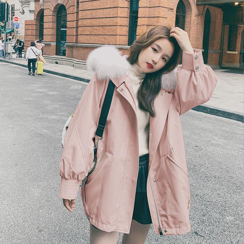 Women's Winter Plus Velvet Thickened Mid-length Coat Sequin Stitching Pie To Overcome Cotton-padded Clothes Wool-collar Loose Warm Jacket