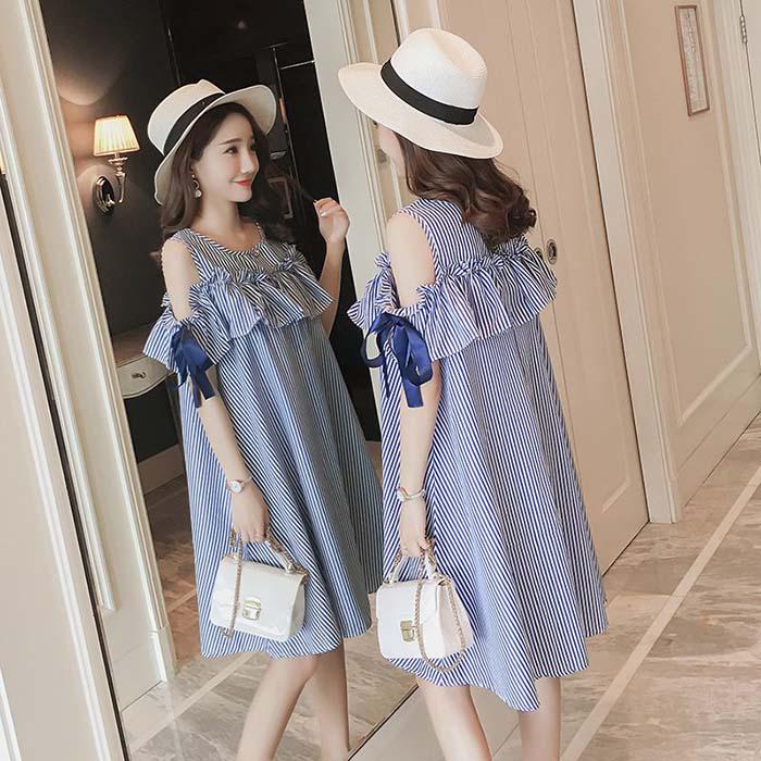 Pofulove Women Off Shoulder Striped Shirt Dress Office Lady Loose Thin Mid-length A-line Beach Skirt